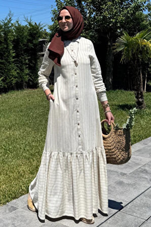 Süreyya Çizgili Gömlek Elbise Kahve