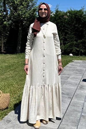 Süreyya Çizgili Gömlek Elbise Kahve