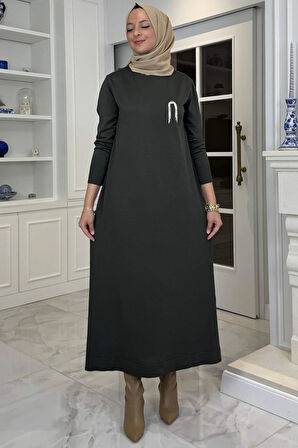 Gözde Broşlu Triko Elbise Haki