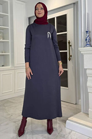 Gözde Broşlu Triko Elbise Antrasit