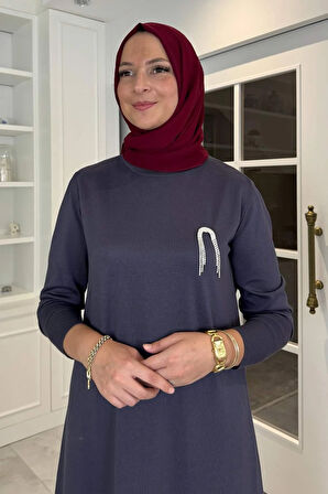 Gözde Broşlu Triko Elbise Antrasit