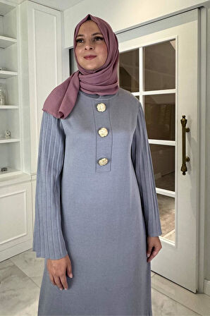 Banu Broşlu Triko Elbise Gri