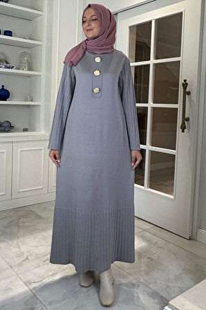 Banu Broşlu Triko Elbise Gri