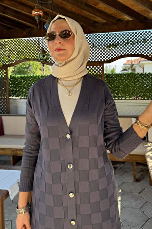 Dama Desenli Triko Hırka Antrasit