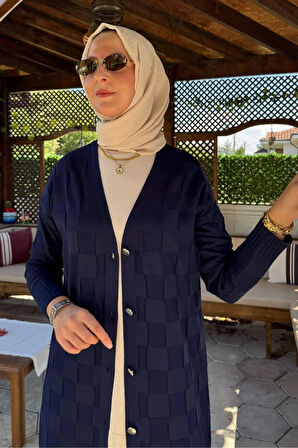 Dama Desenli Triko Hırka Lacivert