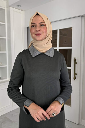 Pera Taşlı Triko Elbise Haki