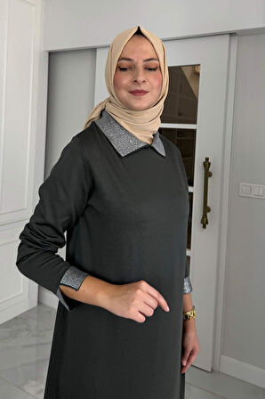Pera Taşlı Triko Elbise Haki
