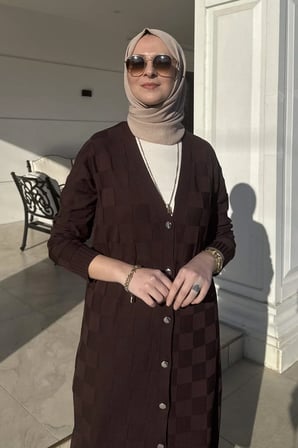 Dama Desenli Triko Hırka Acı Kahve