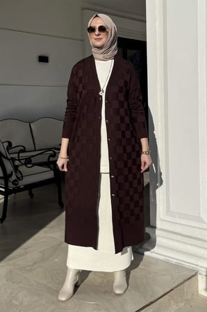 Dama Desenli Triko Hırka Acı Kahve