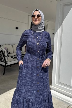 Süreyya Kot Efektli Gömlek Elbise Lacivert