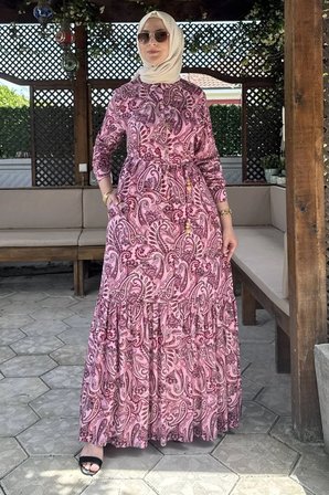 Rengin Şal Desenli Gömlek Elbise Fuşya