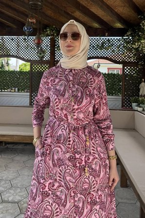 Rengin Şal Desenli Gömlek Elbise Fuşya