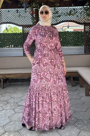 Rengin Şal Desenli Gömlek Elbise Fuşya