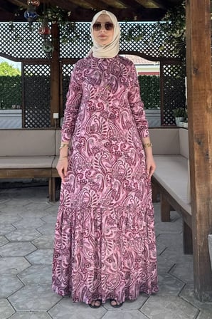 Rengin Şal Desenli Gömlek Elbise Fuşya