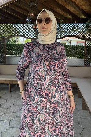 Rengin Şal Desenli Gömlek Elbise Pembe