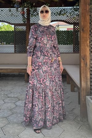 Rengin Şal Desenli Gömlek Elbise Pembe