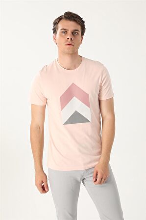 Uki Pembe Slim Fit Bisiklet Yaka Baskılı T-Shirt