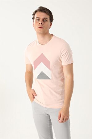 Uki Pembe Slim Fit Bisiklet Yaka Baskılı T-Shirt