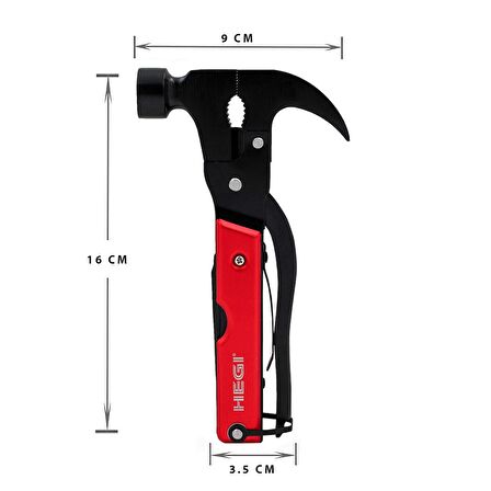 Hegi 18 Fonksiyonlu Paslanmaz Çelik Çekiç ve Keser - Kırmızı