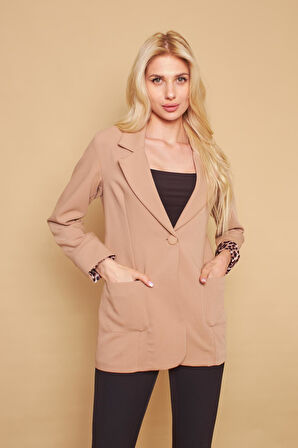 Yakalı Cepli Uzun Kol Katlamalı Blazer Kumaş Ceket-Bej