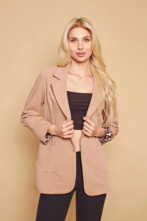 Yakalı Cepli Uzun Kol Katlamalı Blazer Kumaş Ceket-Bej