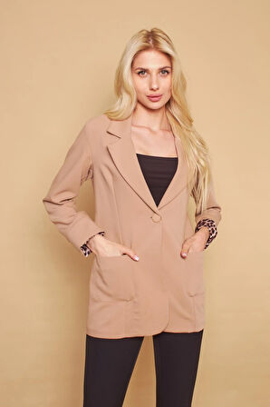 Yakalı Cepli Uzun Kol Katlamalı Blazer Kumaş Ceket-Bej
