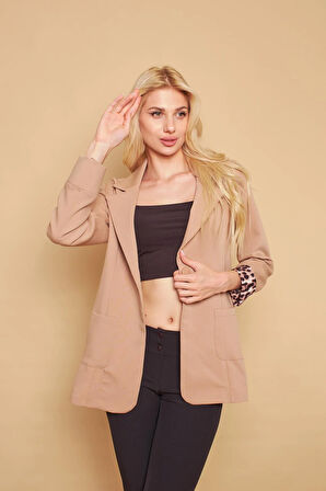 Yakalı Cepli Uzun Kol Katlamalı Blazer Kumaş Ceket-Bej