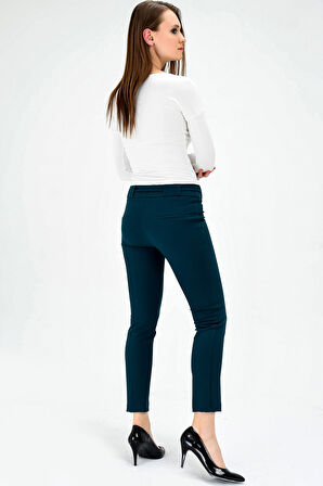 Kalın Kemerli D Tokalı Likralı Bilek Boy Kumaş Pantolon-Zümrüt