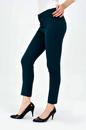 Kalın Kemerli D Tokalı Likralı Bilek Boy Kumaş Pantolon-Zümrüt