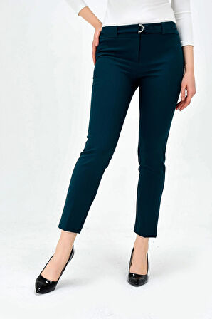 Kalın Kemerli D Tokalı Likralı Bilek Boy Kumaş Pantolon-Zümrüt