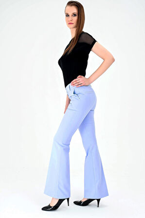 Kalın Kemerli Cepli İspanyol Bol Paça Likralı Kumaş Pantolon-A.mavi