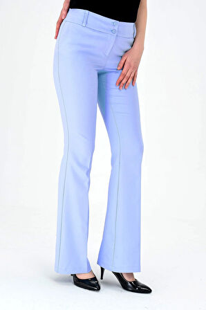 Kalın Kemerli Cepli İspanyol Bol Paça Likralı Kumaş Pantolon-A.mavi