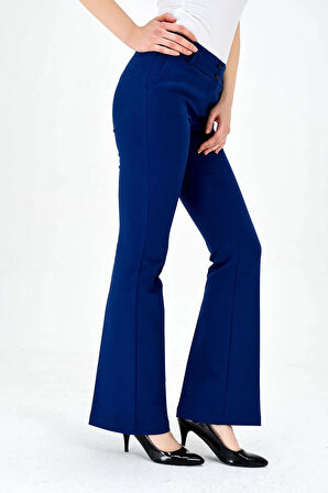 Kalın Kemerli Cepli İspanyol Bol Paça Likralı Kumaş Pantolon-İndigo