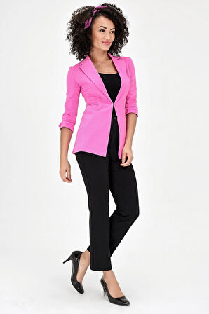 Kapri Truvakar Kol Süs Cepli Kopçalı Ofis Blazer Kumaş Ceket-Pembe