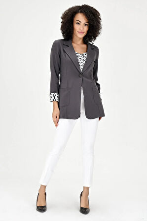 Yakalı Cepli Uzun Kol Kolu İsterse Katlanabilen Pamuklu Kumaş Blazer Ofis Ceket-Antrasit