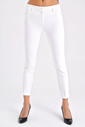 Kalın Kemerli Süs Cepli Bilek Boy Likralı Kumaş Pantolon-Krem