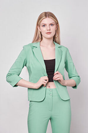 Yakalı Flato Cepli Capri Truvakar Kol Kısa Blazer Ceket-Mint