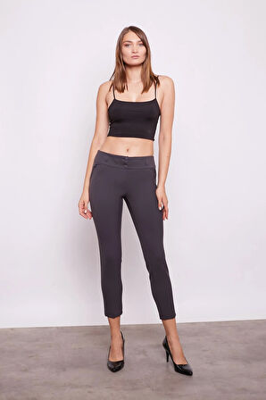 Kalın Kemerli Süs Cepli Bilek Boy Likralı Kumaş Pantolon-Antrasit