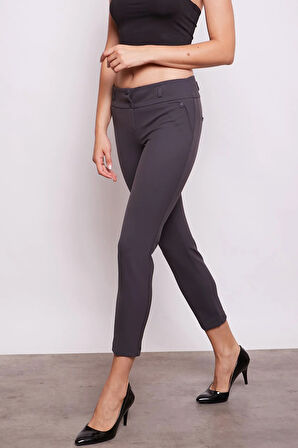 Kalın Kemerli Süs Cepli Bilek Boy Likralı Kumaş Pantolon-Antrasit