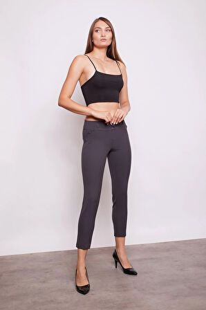 Kalın Kemerli Süs Cepli Bilek Boy Likralı Kumaş Pantolon-Antrasit