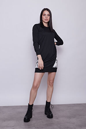 Kadın Sıfır Yaka Cep Detaylı Uzun Kol Sweat Elbise -Siyah