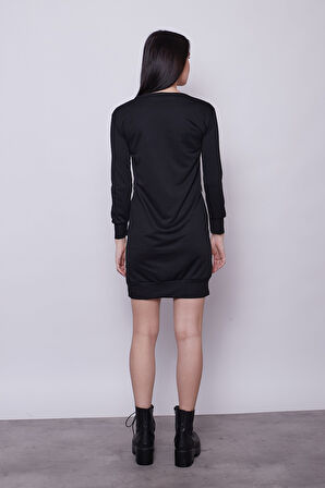 Kadın Sıfır Yaka Cep Detaylı Uzun Kol Sweat Elbise -Siyah