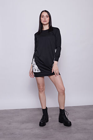 Kadın Sıfır Yaka Cep Detaylı Uzun Kol Sweat Elbise -Siyah