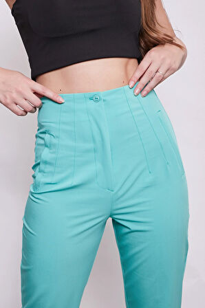 Kadın Yüksek Bel Rahat Kesim Şık Ofis Süs Cepli Havuç Pantolon-Açık Yeşil