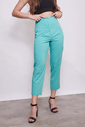 Kadın Yüksek Bel Rahat Kesim Şık Ofis Süs Cepli Havuç Pantolon-Açık Yeşil