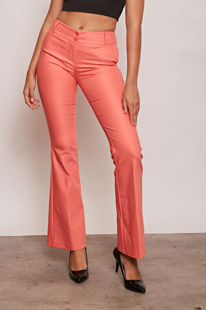 Kalın Kemerli Cepli İspanyol Bol Paça Likralı Kumaş Pantolon-Mercan