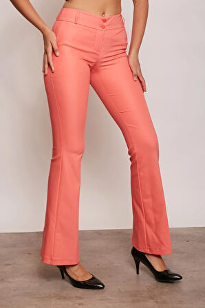 Kalın Kemerli Cepli İspanyol Bol Paça Likralı Kumaş Pantolon-Mercan