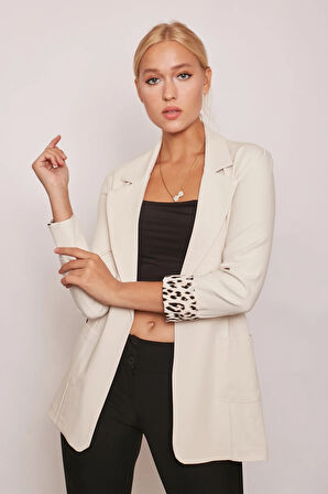 Yakalı Cepli Uzun Kol Katlamalı Blazer Kumaş Ceket-Taş