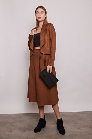 Hafif Likralı Süet Kumaş Yüksek Bel Kiloş Uzun Etek