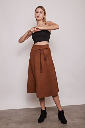 Hafif Likralı Süet Kumaş Yüksek Bel Kiloş Uzun Etek